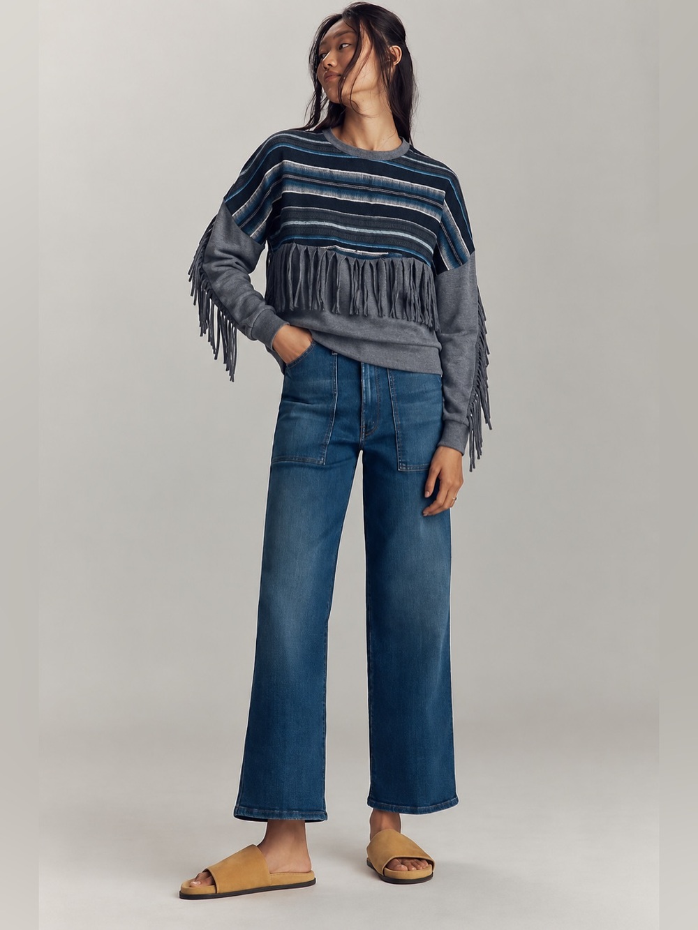 Zara Fringed Sweatshirt Serape Stripe Gray 710